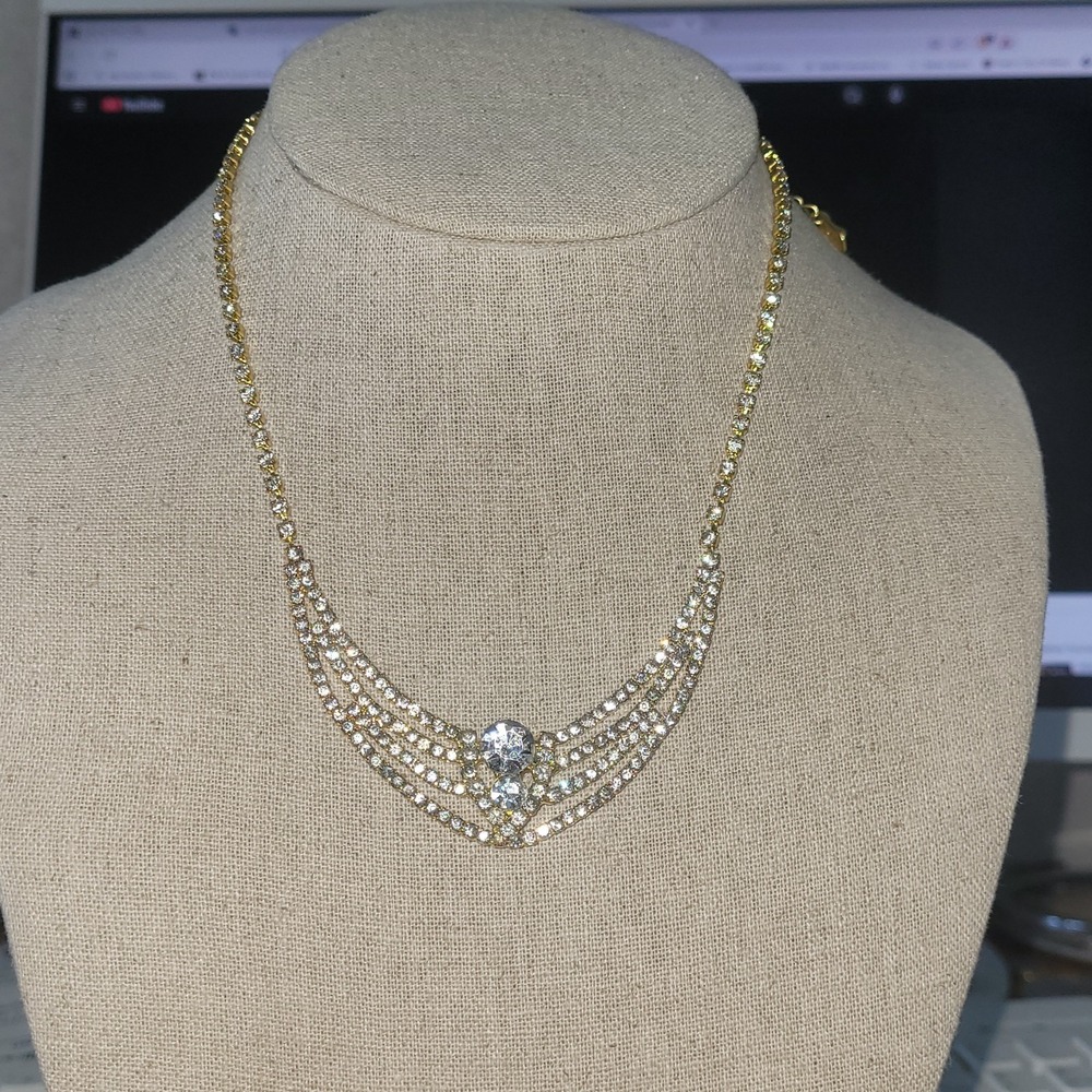 Vintage CHRISTINA COLLECTION Gold Tone Crystal Chevron Necklace 14in